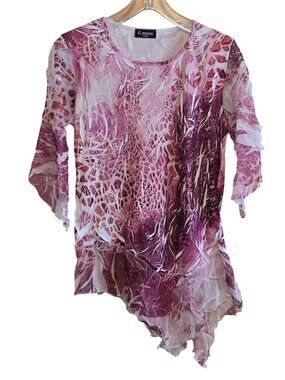 C. Prime Paris Asymmetrical Sheer Tunic Pink Abstract Print Lightweight
